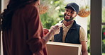 Happy man, box and courier service with phone at door for package, online confirmation or signature in neighborhood. Male person, technology and customer with delivery app for parcel or shipping