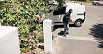 Delivery man, dancing and happy with box in street by van for transportation, services and logistics. Person, courier and rhythm with package, playful and funny with distribution for e commerce job