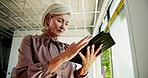 Architect, mature woman and tablet for construction site, compliance check or project management. Online, research or designer with touchscreen for building inspection, quality control or progress