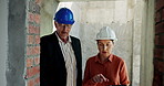 Architect, people and walking with tablet at construction site for inspection, planning schedule and progress. Staff, manager and talking with property development, architecture safety and renovation