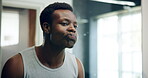Hygiene, routine and man in bathroom, mouthwash and cleaning of mouth, dental care and oral health. Morning, mirror and rinsing of teeth with water, black person and grooming for wellness in house