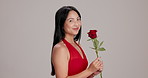 Happy, face and woman with rose in studio for valentines day, anniversary or romantic gift. Smile, present and portrait of Japanese female person smelling stem of red flower by gray background.