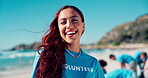 Beach, woman and face with smile for volunteering, social responsibility and environment clean up. People, happiness and female person in portrait for community service, recycle and prevent pollution