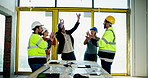 Construction, team and celebration with blueprint, teamwork and collaboration success of project. Architecture, goal and contractor motivation with development approval and documents with people