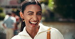 Happy woman, wink or face of student on outdoor university campus for studying opportunity. Portrait, learning academy or girl flirting laughing with smile for school education or college scholarship