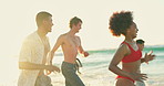 Running, waves and friends on beach with sunshine for summer vacation, holiday and adventure on weekend. Travel, lens flare and happy men and women in ocean for fun, relaxing and playful in nature