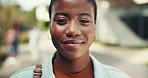 Black woman, face and outdoor campus for studying, happy and student proud of scholarship education. Female person, portrait and confidence at university for learning, morning and commute to class