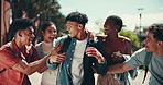 College, friends and excited with sequence, diversity and new campus with happy students. Tech, laughing and conversation with people, education and learning with smile at school with fun outdoor