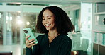 App, phone and smile with business woman in office for communication, planning or text message. Contact, development and typing with happy design employee in creative workplace for mobile update