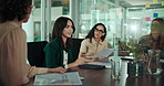 Women, documents or meeting in office for business, company feedback or new project proposal. People, girl boss or reports in agency for collaboration, pitch idea or empowerment in corporate industry