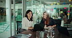 Office, meeting and laptop for discussion, planning and erp notes with report. Women, creative people and laughing with small business, teamwork and collaboration for partnership or b2b project