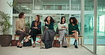 Waiting room, hiring and group of business women with phone for interview preparation, hr or conversation. Recruitment, candidates and queue in office for career opportunity, job search or employment