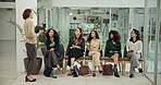 Waiting room, business women and talking to manager for recruitment choice, selection and turn for interview. Hiring, candidates and queue in office for career decision, job search and chat with hr