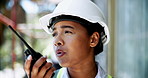 Engineering, construction site and woman with radio, development and project manager with safety. Person, architecture or employee with helmet, talking or real estate with communication or renovation