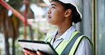 Outdoor, woman and thinking with tablet at construction site for inspection, quality control and maintenance. Female person, employee and ideas with internet connection for infrastructure project