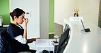 Receptionist, stress and headache with woman at dental clinic for paperwork deadline, healthcare and burnout. Frustrated, medical and documents with person for fatigue, admin report and tired
