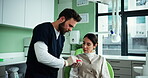Exam, model and mouth with woman at dentist for advice, teeth cleaning and healthcare. Orthodontics, medical and dental implant with person in clinic for patient checkup, gum care and consulting