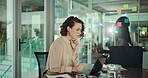 Laptop, problem solving and solution with designer woman in office for programming or troubleshooting. Computer, thinking and web development with creative employee in workplace for software coding