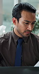 Laptop, auditor and business man reading paperwork for revenue, savings and review. Computer, document or accountant check information for financial bookkeeping, profit comparison or budget in office