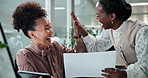 Business people, paper and high five in office for news, achievement and company funding approval. Women, document and hand gesture in workplace for target success, colleague promotion and feedback