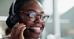 Call center, customer service and agent talking on microphone for friendly advice, assistance or FAQ. Black woman, consultant or speaking to client on headset with questions, CRM support or help desk