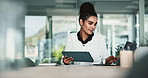 Woman, laptop and tablet in office for business, email and multitask for schedule update. Accountant, tech and typing on computer for feedback, online consultation and message reply for communication