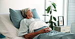 Senior woman, patient and thinking in hospital bed with healthcare service for sickness or illness. Female person, clinic and worried or stress with treatment for wellbeing, support and recovery