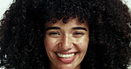 Face, smile with woman with afro haircare, growth and healthy shine with cosmetics for natural hairstyle. Texture, curls and portrait of happy girl with confidence, hair wellness and care for style.