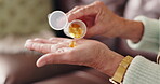 Old woman, hands and pill container in home, senior supplement and drugs for healthcare in lounge. Elderly person, capsules and treatment for arthritis or osteoporosis, tablets and palm for health