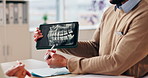 Dentist, tablet screen or hands with patient for x ray results, tooth implant or diagnosis at hospital. Closeup, orthodontis or client with technology, CT scan or MRI for teeth exam or test at clinic