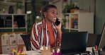 Night, phone call and smile with designer black woman in office for communication or web development. Computer, conversation and laughing with employee in creative workplace for negotiation or update