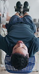 People, stretching and fitness as physiotherapist for exercise, wellness and muscle relief. Men, inversion table and coach for back pain, support and recovery in physiotherapy, workout and healthcare
