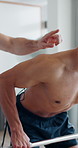 Physiotherapist, barbell and technology as coach for fitness, wellness and muscle in rehabilitation clinic. Men, exercise and personal trainer for support, endurance test and weight lifting in physio