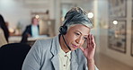 Headache, pain and mature woman in call centre, tired and burnout for workaholic, stress and telemarketing. Consultant, fatigue and person with migraine, overtime and worry for lead generation