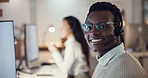 Man, face and smile in call center for telemarketing, lead generation and advice at computer. Agent, glasses and technology in agency for customer service, virtual support and assistance at help desk