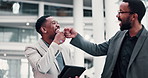 Fist bump, success and business with black people and tablet for support, teamwork and client proposal. Feedback, project management and agreement with employees for advisor, profit and deal