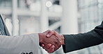 Business people, friends and handshake in office for greeting, welcome and hello. Teamwork, collaboration and shaking hands for cooperation, success and secret gesture for corporate support closeup