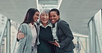 Hug, tablet and business people in office, teamwork and conversation for feedback. Support, financial agency or employees in lobby, tech or review for online report, achievement or email notification