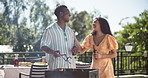 Beer, happy couple and barbecue food at party for new year celebration, social gathering and talking at lunch. Grill, man and woman bbq meal, laughing and interracial chef prepare cookout outdoor