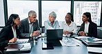 Business people, meeting and laptop collaboration of account executive and management with paperwork. Boardroom, diversity and proposal planning with conversation, report and finance team at table