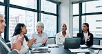 Applause, laptop and business people in meeting with success, winning achievement and solidarity. Celebration, cheers and happy team in office with good news email, development and congratulations
