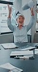 Happy, celebration and business people throwing paperwork with high five, smile and applause. Winning, achievement and team in meeting with documents in air, success and excited in office together.