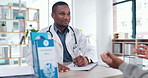 Consultation, healthcare and doctor with person in hospital for diagnosis and treatment plan. Conversation, prescription and medical worker with patient for health insurance form at clinic checkup.