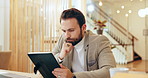 App development, tablet and thinking with business man in office for web design management or quality control. Function, idea and social media testing with agency employee at work for virtual launch