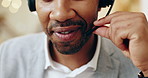 Headset, call center and mouth of black man in office for crm conversation for online consultation. Technology, assistant and African male telemarketing agent for customer service in workplace.