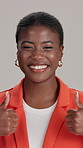 Face, smile and thumbs up with business black woman in studio for success, support or thank you. Feedback, like and yes emoji with portrait of happy employee on white background for congratulations