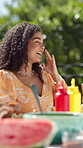 Friends, laughing and celebration with food in garden for funny joke, new years event or lunch. Bonding, party and eating with group of people in home for summer social, reunion and bbq together