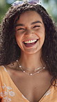 Summer, laughing or face of happy woman in park for vacation, weekend adventure or peace. Relax, funny female person and portrait with smile for holiday travel, sunshine or outdoor tourism in Brazil