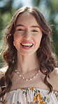 Confident, smile or face of happy woman in park for vacation, weekend adventure or peace. Relax, funny female person and portrait with pride for holiday travel, sunshine or outdoor tourism in France