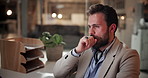 Tired, businessman and night with yawn on computer for deadline, fatigue or workaholic at office. Man, employee or exhausted accountant working late for overworked, burnout or tasks at workplace